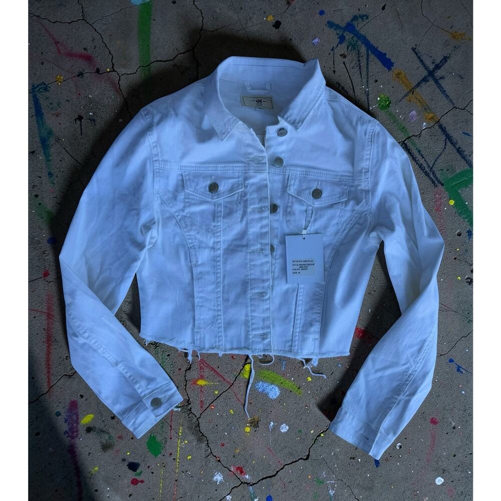 I&M Black Label Frayed Hem Button Denim Jacket White Collared Pockets M